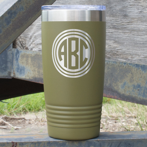 Custom Round Monogram 20 oz Stainless Steel Tumbler - Olive - Double-Sided (Personalized)