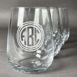 Round Monogram Stemless Wine Glasses - Laser Engraved- Set of 4 (Personalized)