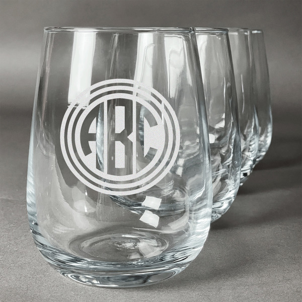 Custom Round Monogram Stemless Wine Glasses - Laser Engraved- Set of 4 (Personalized)