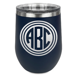 Round Monogram Stemless Stainless Steel Wine Tumbler - Navy - Double-Sided (Personalized)