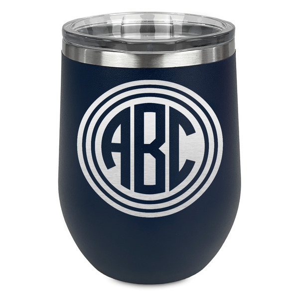 Custom Round Monogram Stemless Stainless Steel Wine Tumbler - Navy - Double-Sided (Personalized)