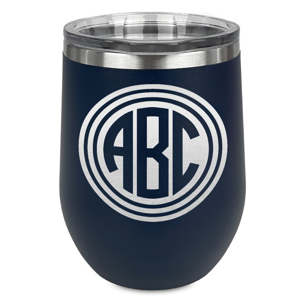 Round Monogram Stainless Wine Tumblers - Navy - Single Sided - Front