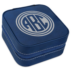 Round Monogram Travel Jewelry Box - Navy Blue Leather (Personalized)