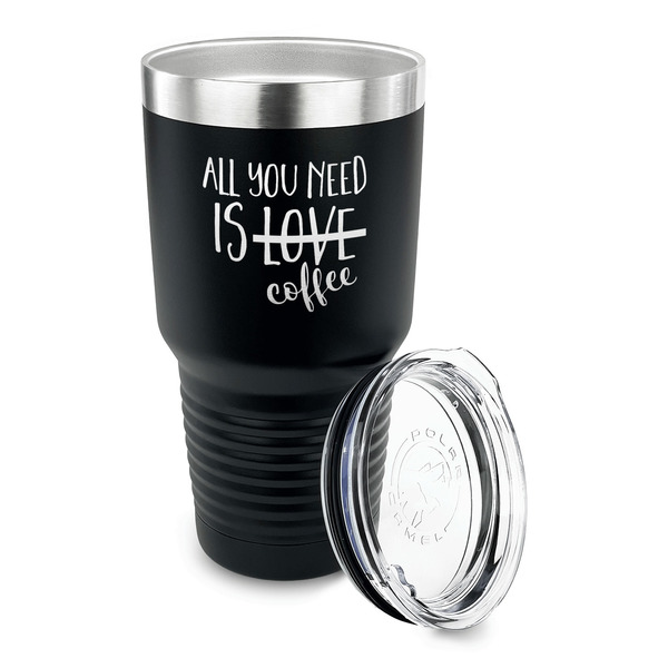Coffee Lover 30 oz Stainless Steel Ringneck Tumblers - Black - LID OFF