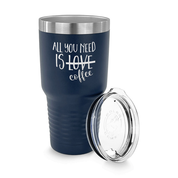 Coffee Lover 30 oz Stainless Steel Ringneck Tumblers - Navy - LID OFF