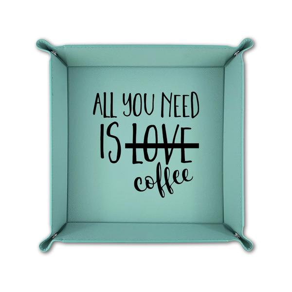 Coffee Lover 6" x 6" Teal Leatherette Snap Up Tray - FOLDED UP