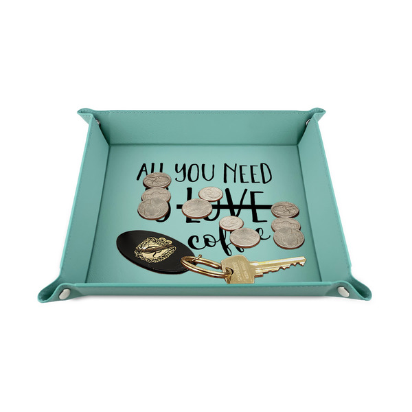 Coffee Lover 6" x 6" Teal Leatherette Snap Up Tray - STYLED