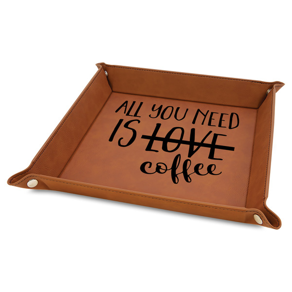 Custom Coffee Lover Faux Leather Dice Tray - 9" x 9" - Rawhide