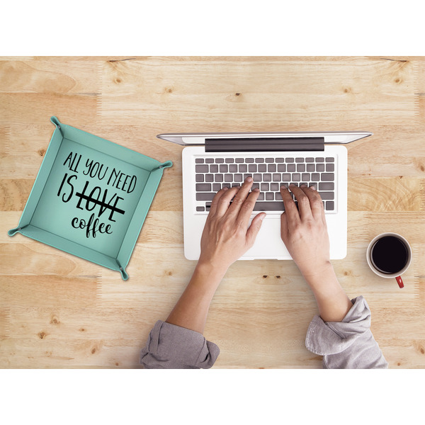 Coffee Lover 9" x 9" Teal Leatherette Snap Up Tray - LIFESTYLE