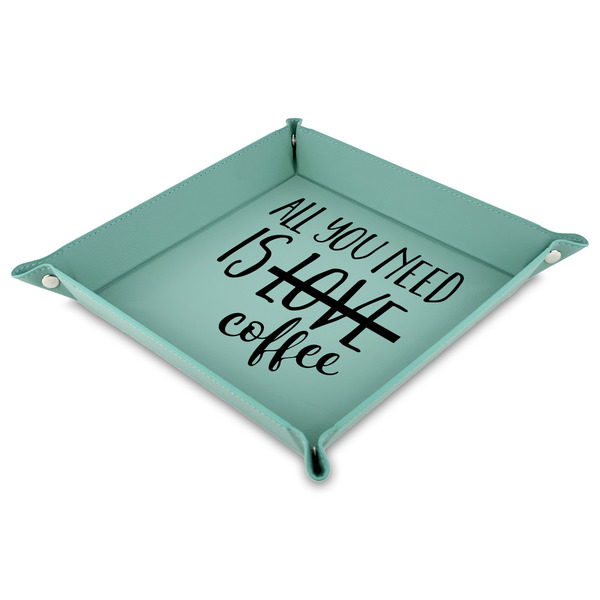 Custom Coffee Lover 9" x 9" Teal Faux Leather Valet Tray