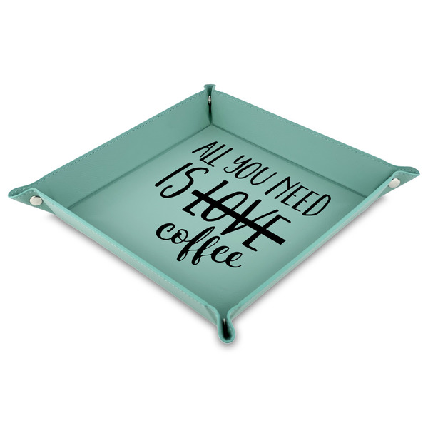 Custom Coffee Lover Faux Leather Dice Tray - 9" x 9"  - Teal