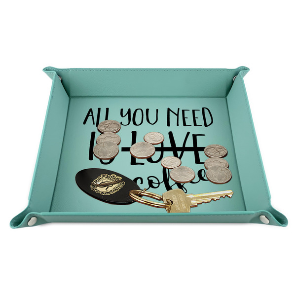 Coffee Lover 9" x 9" Teal Leatherette Snap Up Tray - STYLED