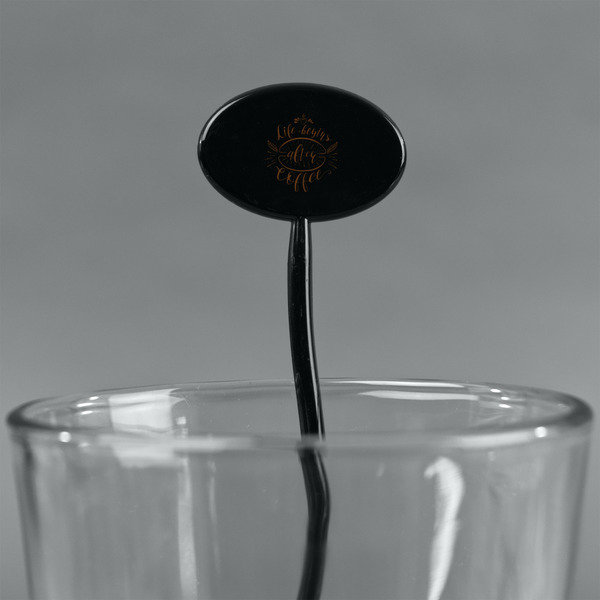 Coffee Lover Black Plastic 7" Stir Stick - Oval - Main
