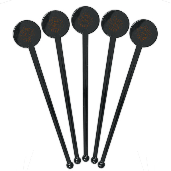 Coffee Lover Black Plastic 7" Stir Stick - Round - Fan View