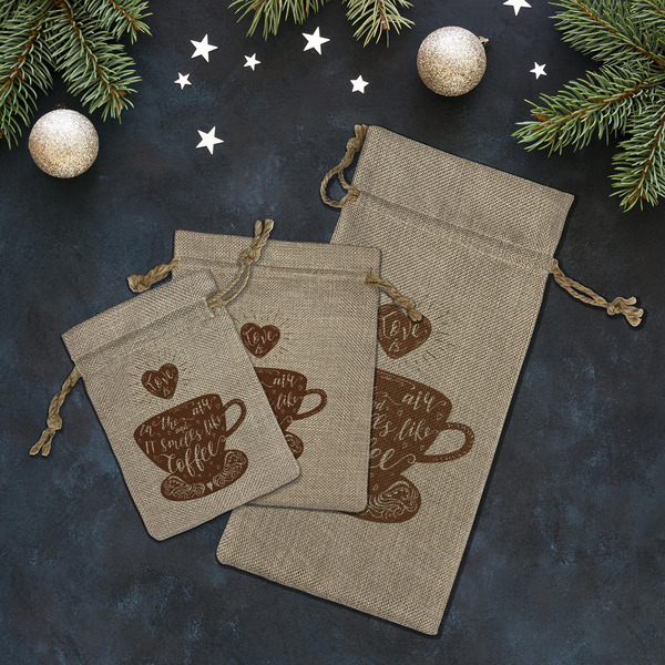 Coffee Lover Burlap Gift Bags - LIFESTYLE (Flat lay)