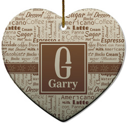 Coffee Lover Heart Ceramic Ornament w/ Name and Initial
