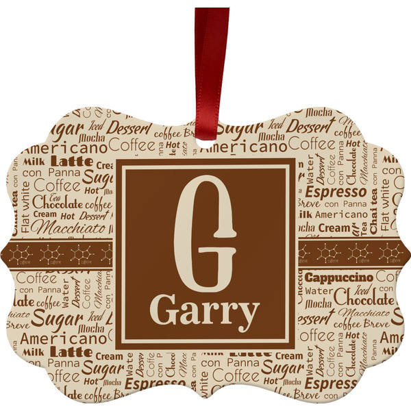Custom Coffee Lover Metal Frame Ornament - Double Sided w/ Name and Initial