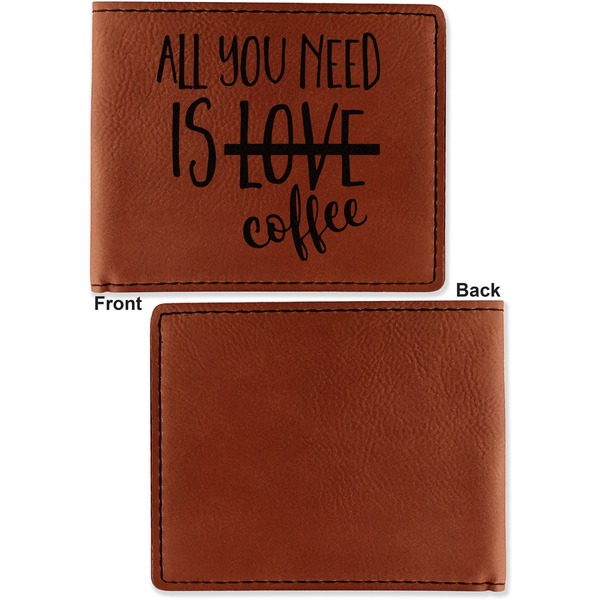 Coffee Lover Cognac Leatherette Bifold Wallets - Front and Back Single Sided - Apvl