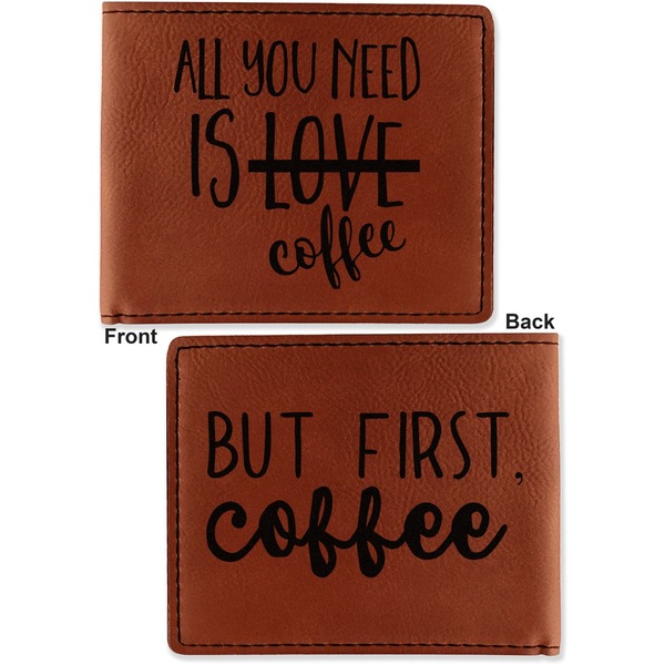 Coffee Lover Cognac Leatherette Bifold Wallets - Front and Back