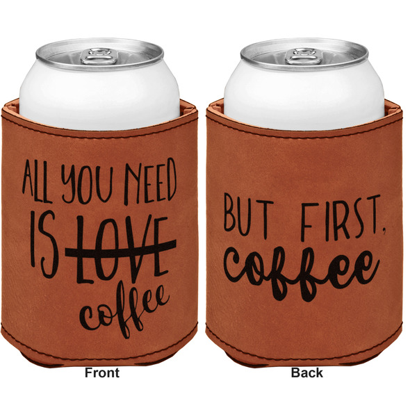 Coffee Lover Cognac Leatherette Can Sleeve - Double Sided Front and Back