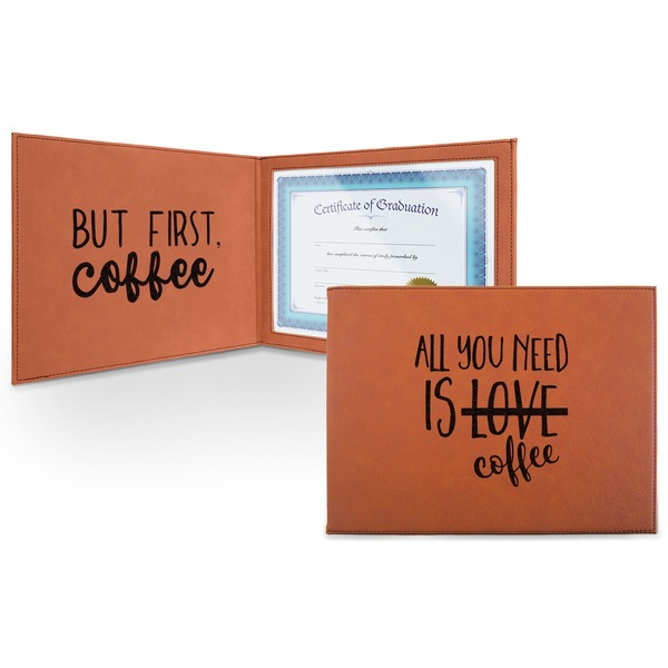 Custom Coffee Lover Leatherette Certificate Holder - Front and Inside
