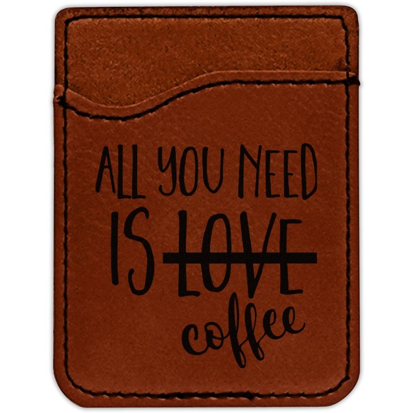 Coffee Lover Cognac Leatherette Phone Wallet close up