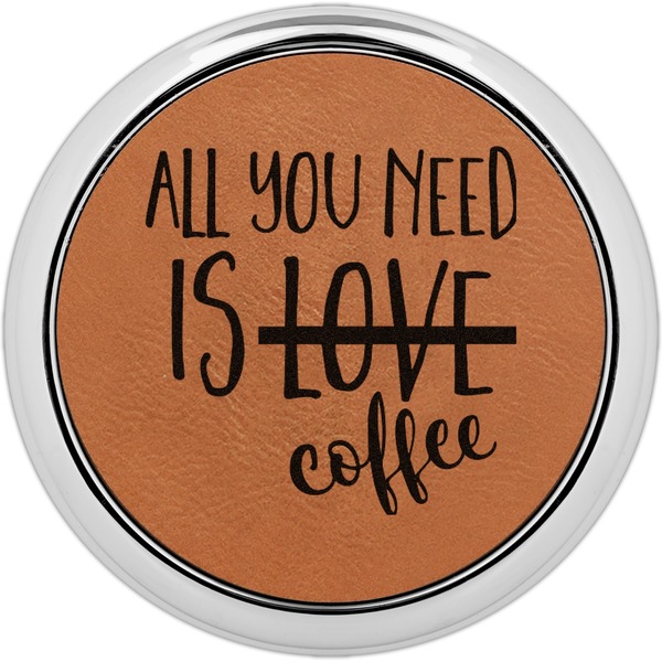 Custom Coffee Lover Leatherette Round Coaster w/ Silver Edge