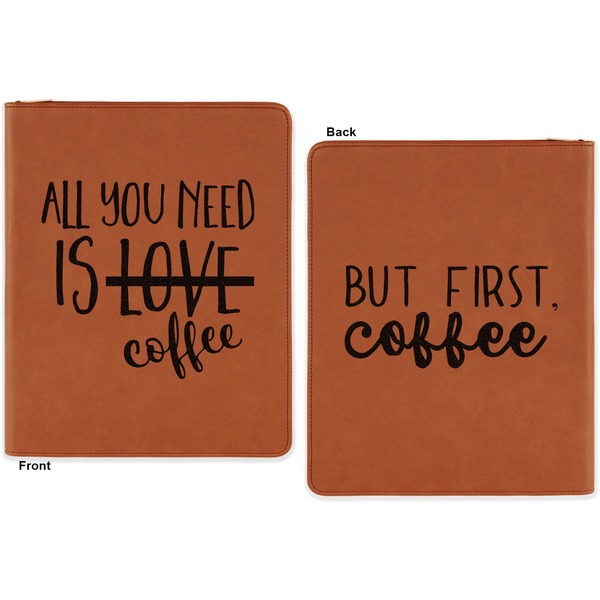 Coffee Lover Cognac Leatherette Zipper Portfolios with Notepad - Double Sided - Apvl