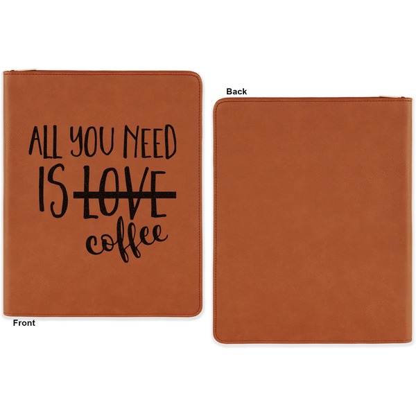 Coffee Lover Cognac Leatherette Zipper Portfolios with Notepad - Single Sided - Apvl