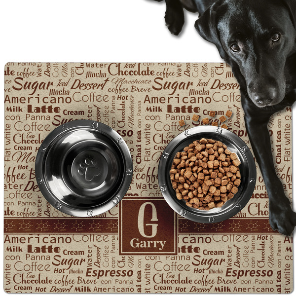 Custom Coffee Lover Dog Food Mat - Large w/ Name and Initial