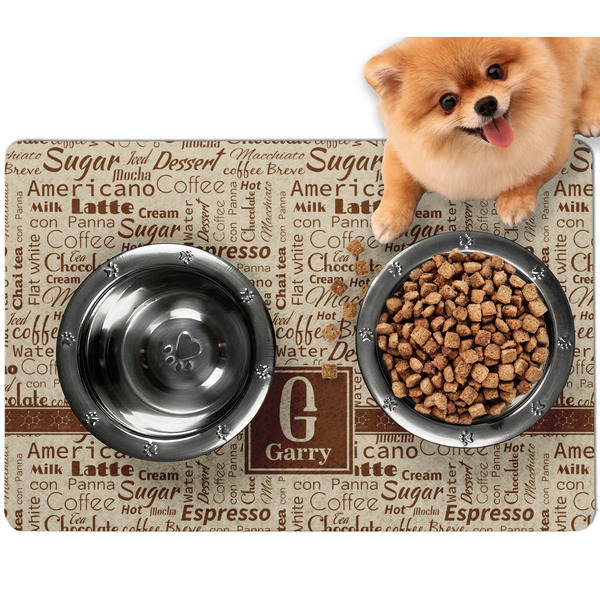 Custom Coffee Lover Dog Food Mat - Small w/ Name and Initial