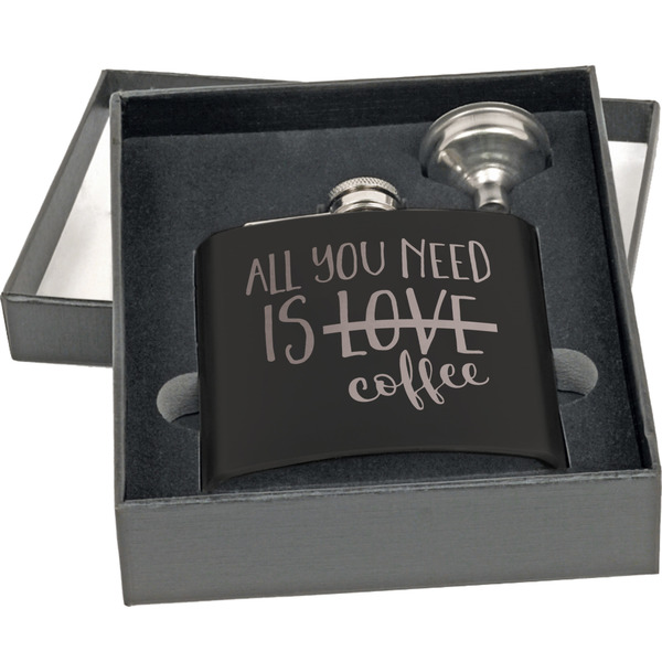 Coffee Lover Engraved Black Flask Gift Set