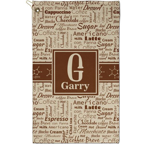 Custom Coffee Lover Golf Towel - Poly-Cotton Blend - Small w/ Name and Initial