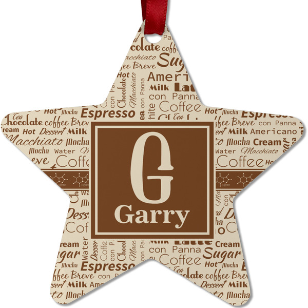 Custom Coffee Lover Metal Star Ornament - Double Sided w/ Name and Initial