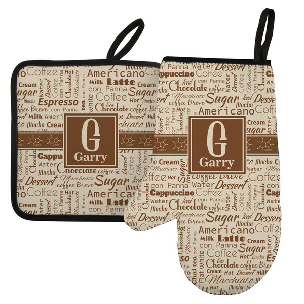 Custom Coffee Lover Left Oven Mitt & Pot Holder Set w/ Name and Initial