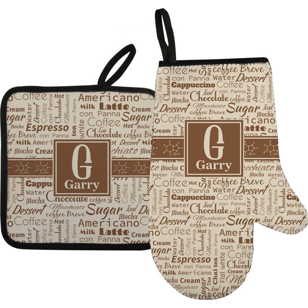 Custom Coffee Lover Right Oven Mitt & Pot Holder Set w/ Name and Initial