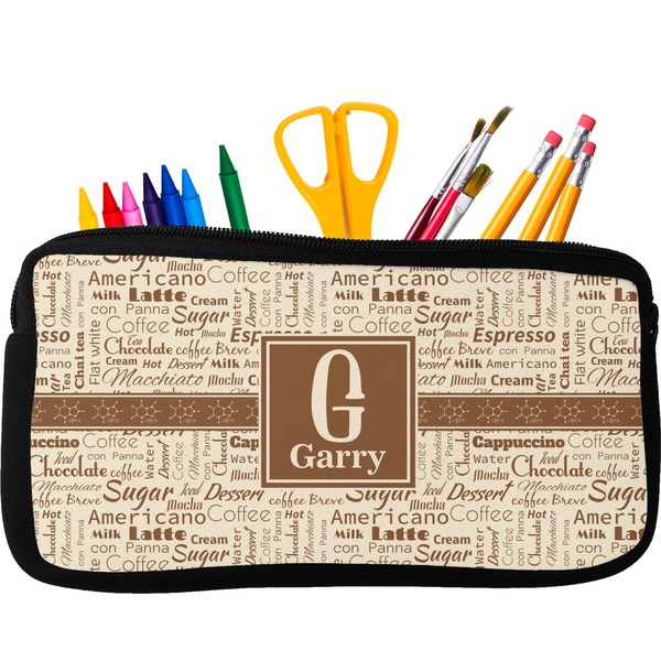 Custom Coffee Lover Neoprene Pencil Case - Small w/ Name and Initial