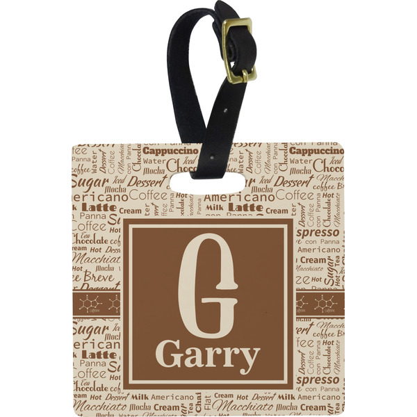 Custom Coffee Lover Plastic Luggage Tag - Square w/ Name and Initial