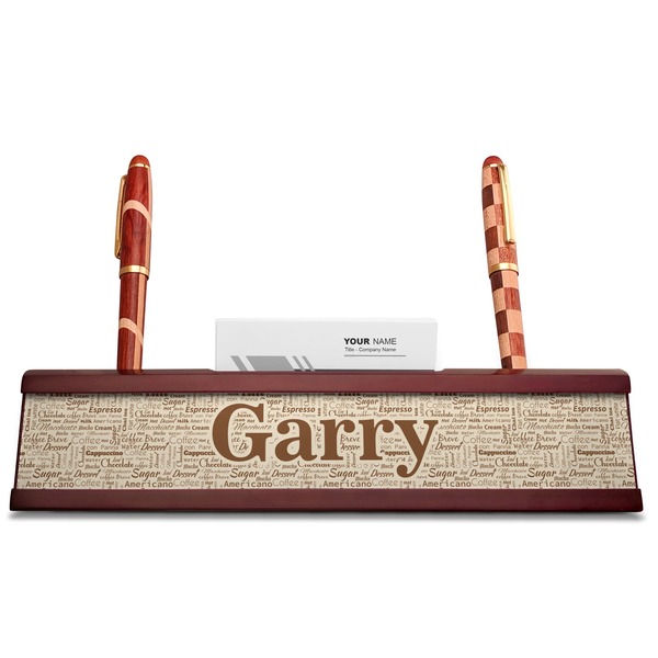 Coffee Lover Red Mahogany Nameplates with Business Card Holder - Straight