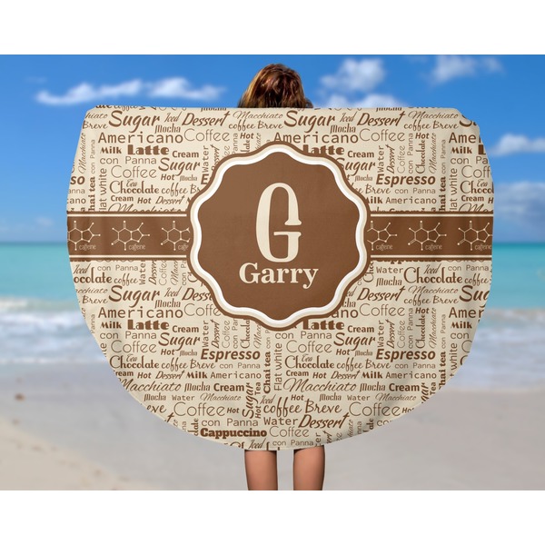 Coffee Lover Round Beach Towel - In Use
