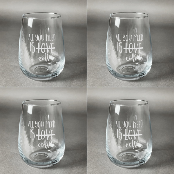 Coffee Lover Set of Four Personalized Stemless Wineglasses (Approval)