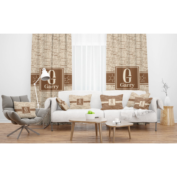 Coffee Lover Sheer and Custom Curtains in Room with Matching Pillows