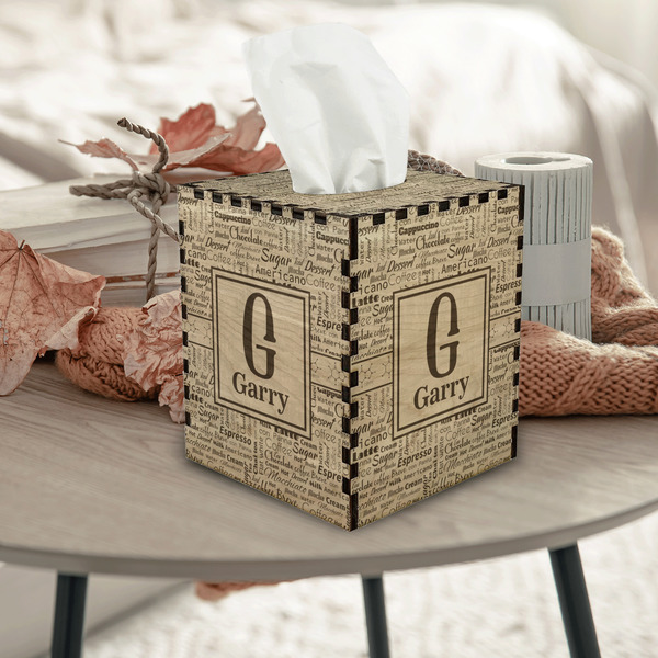 Coffee Lover Square Tissue Box Covers - Wood - In Context