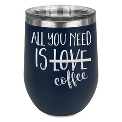 Coffee Lover Stemless Stainless Steel Wine Tumbler - Navy - Double Sided