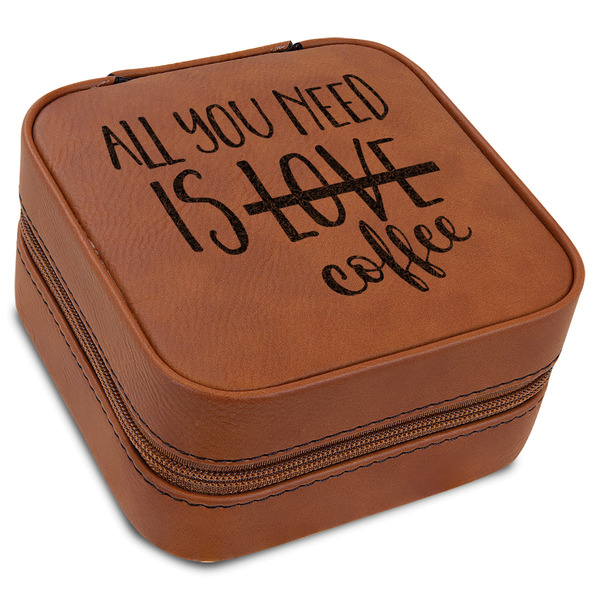 Custom Coffee Lover Travel Jewelry Box - Rawhide Leather