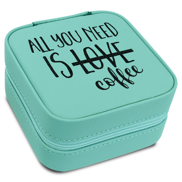 Custom Coffee Lover Travel Jewelry Box - Teal Leather
