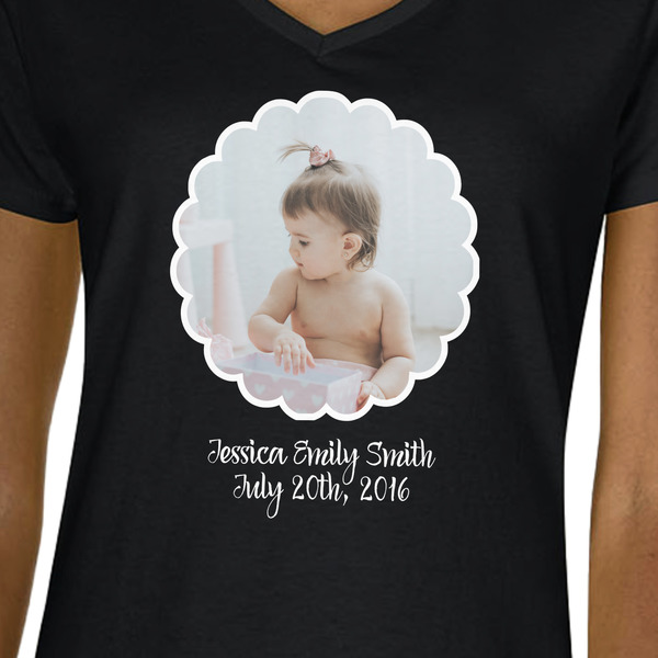 Baby Girl Photo Black V-Neck T-Shirt on Model - CloseUp