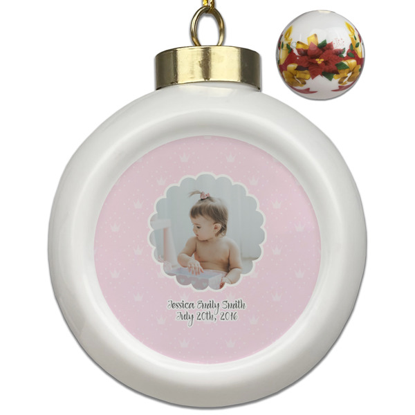 Custom Baby Girl Photo Ceramic Ball Ornaments - Poinsettia Garland