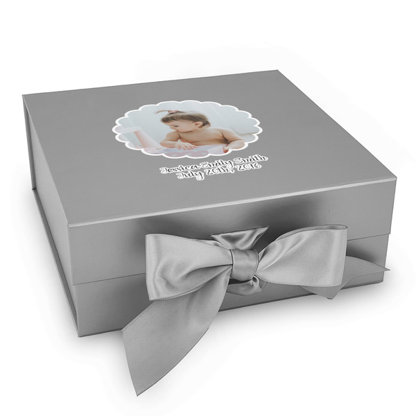 Custom Baby Girl Photo Gift Box with Magnetic Lid - Silver