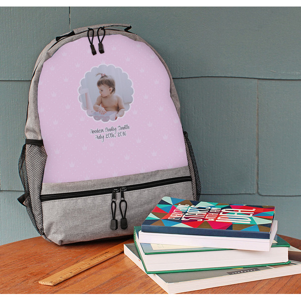 Baby Girl Photo Large Backpack - Gray - On Desk